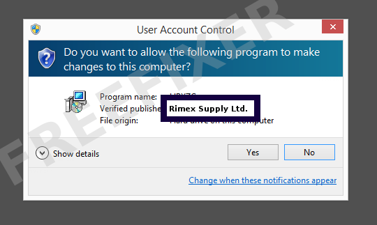 Screenshot where Rimex Supply Ltd. appears as the verified publisher in the UAC dialog